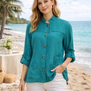 Coldwater Creek Womens Jacket 12 Aqua Teal Linen Mozambique Classic Casual Beach
